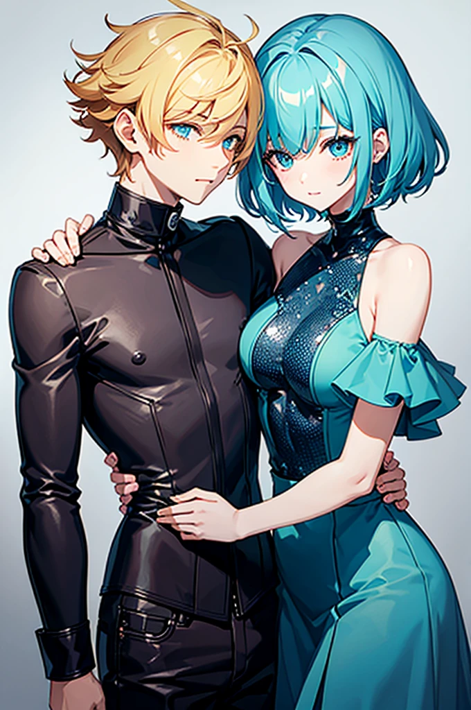 shy two males, one with blonde spiky curly hair and cyan eyes hugging happyly another feminen male with very short bowlcut cut dark blue hair and eyes with beauty marks on his face