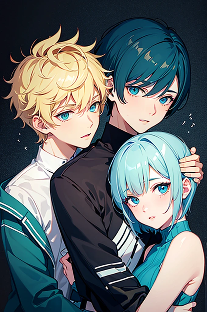 shy two males, one with blonde spiky curly hair and cyan eyes hugging happyly another feminen male with very short bowlcut cut dark blue hair and eyes with beauty marks on his face