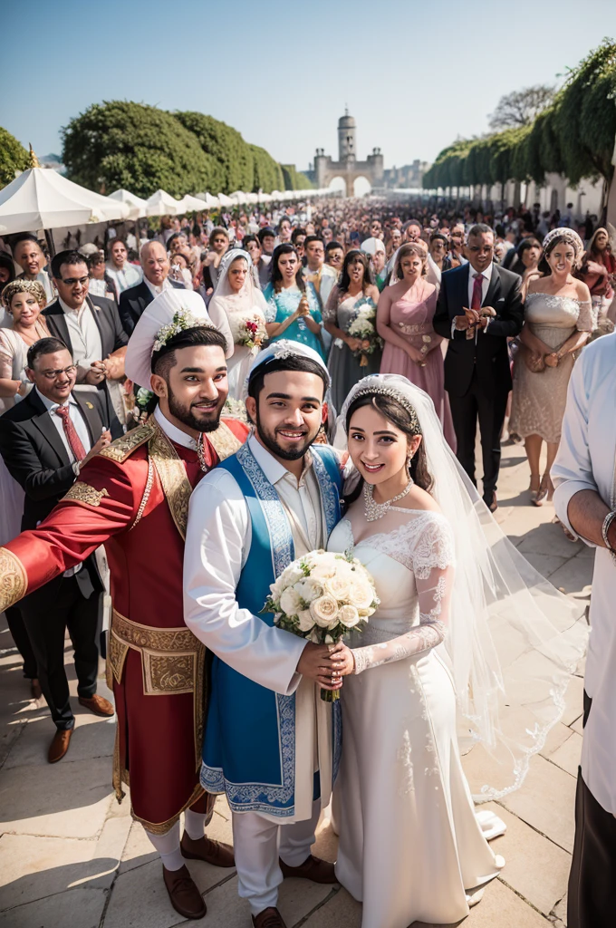 (Ruth and Boaz, in traditional Jewish wedding attire, surrounded by friends and family, celebrating your wedding outdoors in Belém."
