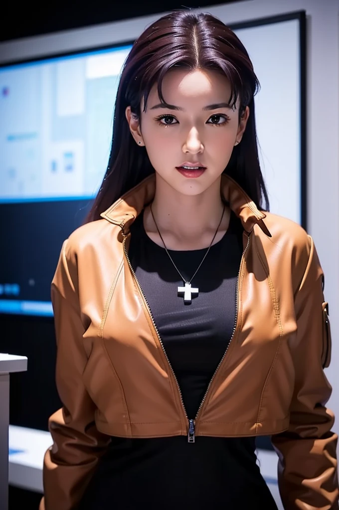 1 Female, clothing: black bodycon,Mid-breasted、 Short tight black dress, (((Brown eyes))), Purple Hair, Medium Hair, Laughter, Cross Necklace, expensive, The body is slim, (Hmph), (((misato katsuragi))), Nerve、Operation and control room, (((Front view))), View your viewers, Perfectly detailed face, Detailed hands and fingers, Masterpiece 1.1, Trending on Art Station, pixiv quality, (((Fine art:jaw))), Exquisitely crafted, Ultra Graphics, sfw version, (((Mature 1.1))), clothing: Jacker, Red jacket, Symmetrical face、
