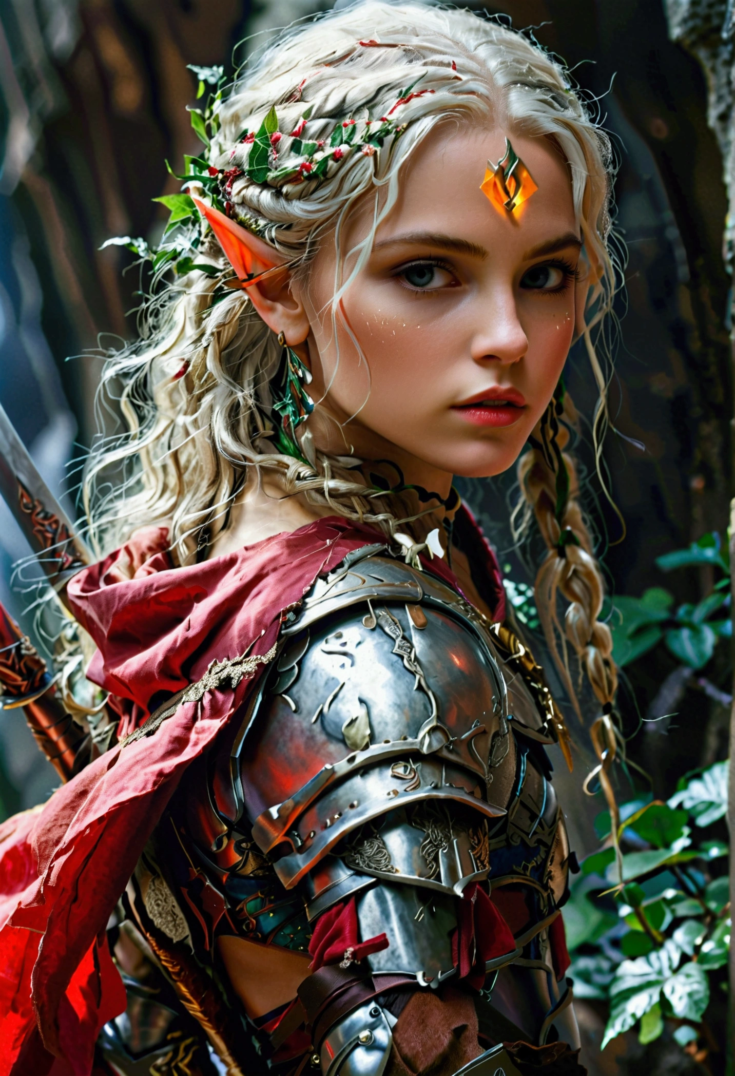 Magnificent painting in the vibrant and detailed style of Larry Elmore, depicting a young elf warrior in all her glory.
The beautiful elf is in a fighting stance, her face set in a determined expression. She wears light, flexible armor with intricate detailing and metallization. His pale skin and silver hair stand out against his armor, creating a striking visual contrast.
The warrior's anatomy is represented in a realistic and anatomical way, her muscles defined and her posture imposing. She wields a long sword, ready for battle, while her bow and quiver are visible on her back, indicating her versatile skill as an archer and swordsman.
The background is characteristic of Elmore's style, with a fantastic landscape of forests, mountains and dramatic sky in the background. The lighting and vibrant color palette give the scene an epic and magical air, highlighting the presence and bravery of the elf warrior.