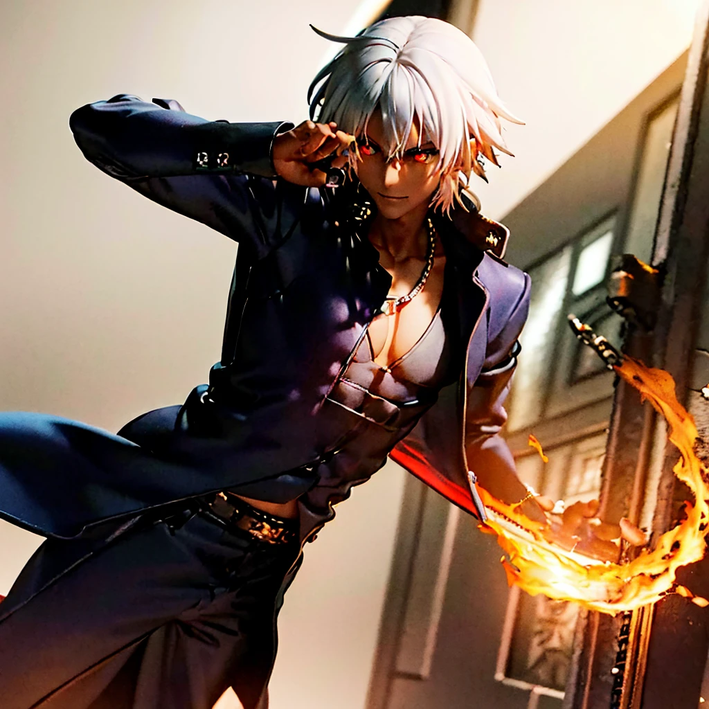 A Dark skinned young anime man, side swept silver hair, fiery light blue eyes, producing blue fire out of his fist, wearing a blue combat trench coat over a black tank top with black slacks and a chain on the hip, steel necklace with a blue dragon pendant around his neck, with sleeves rolled up to his elbows and a cocky smile