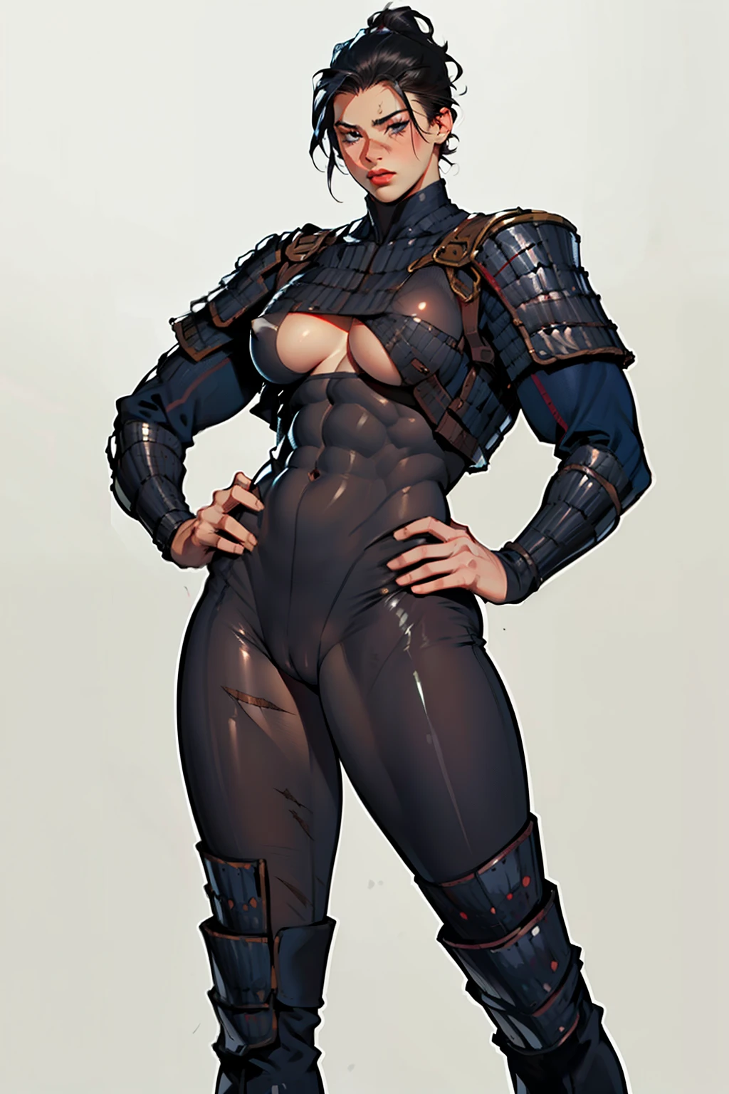 (high resolution, pixel perfect, gorgeous illustrations), (hyper quality, muste piece, etheric: 1.4), ((nsfw)), (((cowboy shot))), ((1girl)), (female savage), woman, bitch, (((sexy pose))), cool atmosphere, black hair, (((((very short hair, slicked_back_hair))))), Exquisite face, ((aroused, vulgarity)), blush, (((((((muscular_female))))))), (thick thighs, wide hips, Big breasts that are about to burst), fighter, (((wh_chi_armor))), (underboob), bodysuit, see through, erect nipples, (((((cameltoe))))), high heel boots, (((scars on body))), shiny skin, gleaming skin, sweat, simple background,