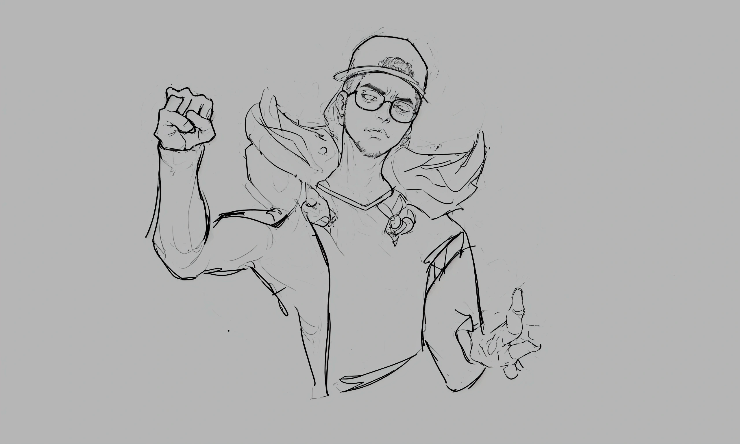 a drawing of a man with glasses and a hat , lineart grosso, Outline sketch, sketchy art style, thick outlines, lineart simples, lineart limpo, heavy outlines, heavy gesture style closeup, bold lineart, perfect line art, thick outline, intense line art, heavy lineart, modest pose gesture, clean anime outlines