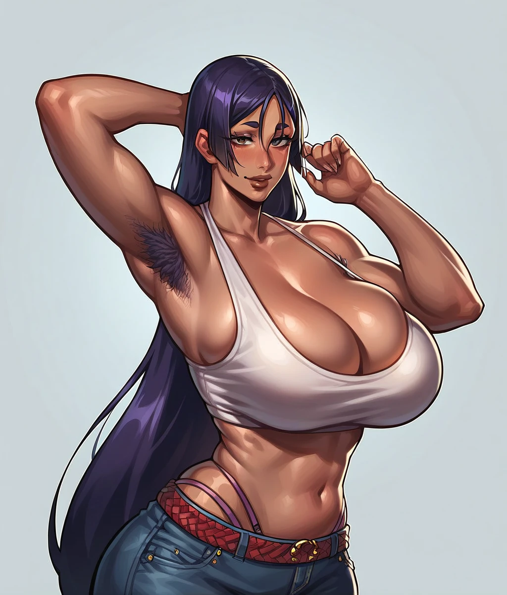 uploaded e621, score_9, score_8_up, score_7_up, score_6_up, score_5_up, score_4_up, rating_safe, smooth, source_furry, {realistic}, Minamoto No Raikou , seductive, DARK SKIN, countershading, huge breasts, thick armpit hair {{{ very very long silky thick dense redhead hair, thick armpit hair }}}, revealing panties skirt, mini top, cleavage, tall, brown lips, hazel eyes, wide hips, extra thicc