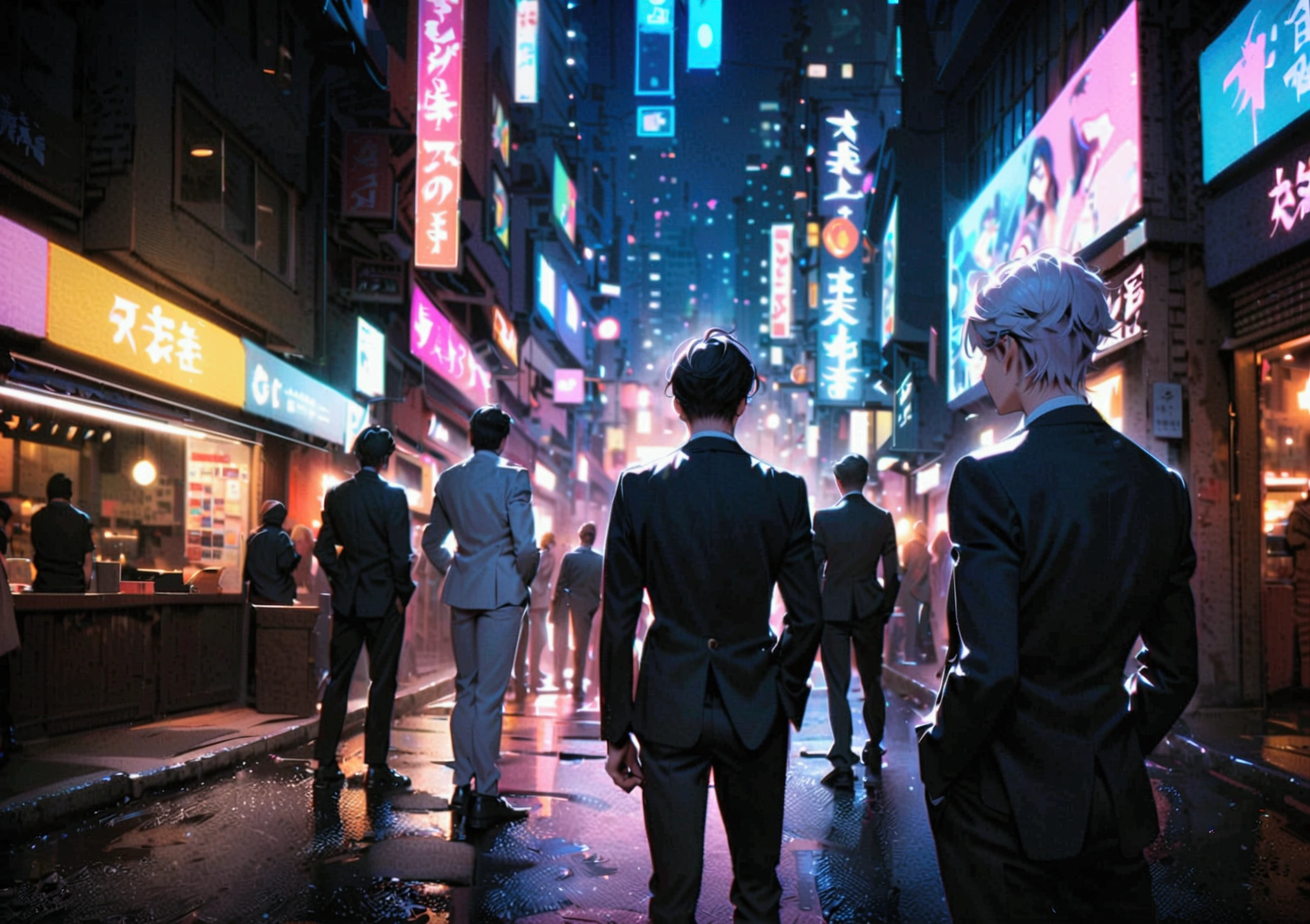 3 men with white hair, 1 man with black hair, 1 man in a black suit with purple hair, 1 man in a white suit standing in a group of 3 with their backs turned in the middle of the city at night.