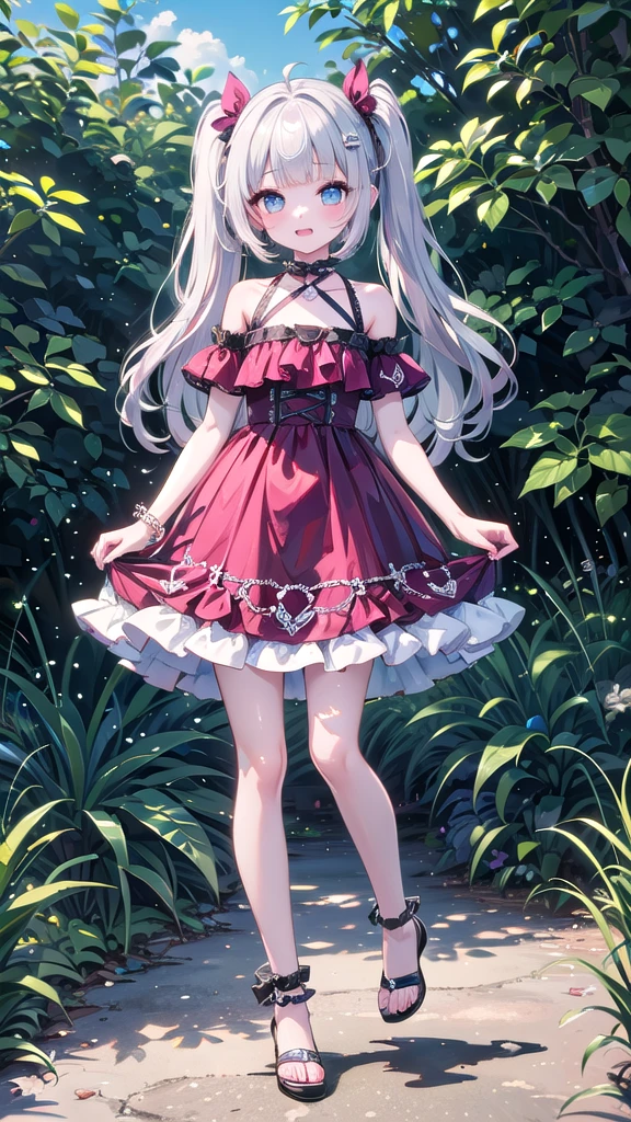(8K, best quality, master piece: 1.5),super high resolution, One girl, solo, full body, junior high school student, ultra-detailed face, detailed eyes, rainbow colored iris, (cyan eyes), short twin tails, Silver gray hair, blunt bangs, hairclip, orgasm face, Masturbation, pale skin, Medium chest, hot pink color princess dress, bare legs, anklet, garden, standing