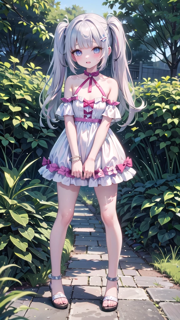(8K, best quality, master piece: 1.5),super high resolution, One girl, solo, full body, junior high school student, ultra-detailed face, detailed eyes, rainbow colored iris, (cyan eyes), short twin tails, Silver gray hair, blunt bangs, hairclip, orgasm face, Masturbation, pale skin, Medium chest, hot pink color princess dress, bare legs, anklet, garden, standing