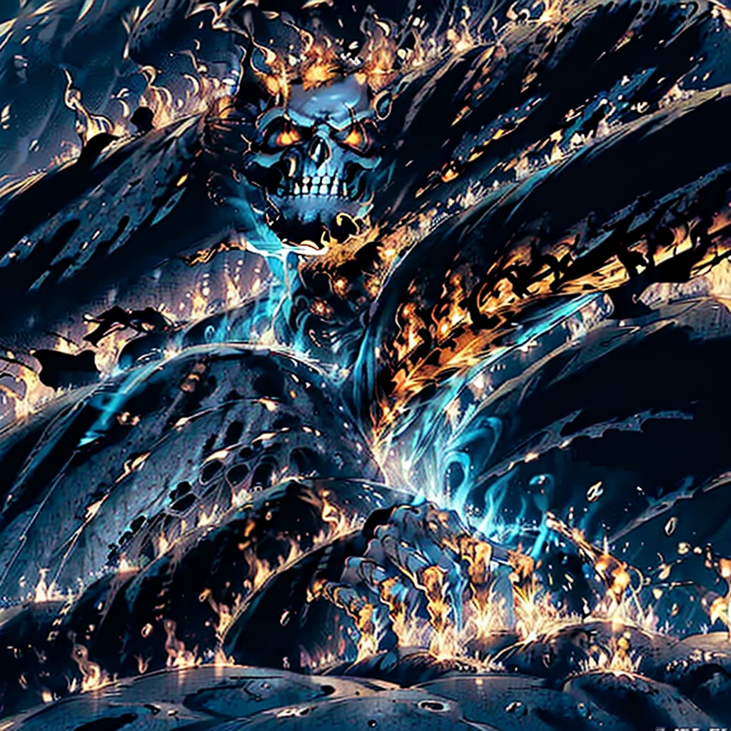 A towering, skeletal figure stands over 20 feet tall, its bony frame wreathed in flickering, ethereal flames. Its elongated, misshapen skull has hollow, sunken eye sockets that seem to pierce the soul. Wisps of smoke curl from between its exposed, jagged teeth. Massive, clawed hands tipped with razor-sharp phalanges hang at its sides, radiating intense heat. As it moves, the ground trembles beneath its thunderous steps, leaving a trail of smoldering destruction in its wake.