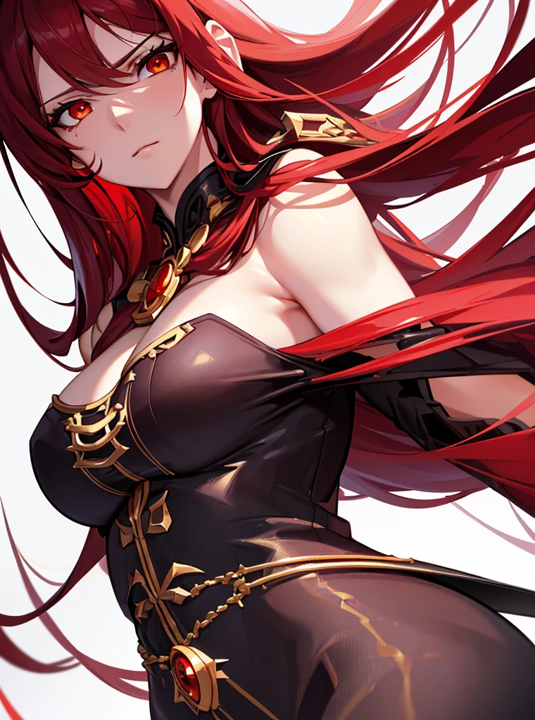 (masterpiece, best quality) an adult woman with very long red hair with bang, ((white background, no background, without background)), ((close-up)), looking at the viewer, (profile picture), bodysuit, cold look, queen, good anatomy, good proportions, black clothes, queen, (((red and gold eyes))), serious, mysterious appearance, emotionless, bangs, very long red hair, (Red and Gold Eyes), Gothic, big Chest (large breasts), ((Chest to Head Show)), (upper body), Cinematics, Color Oil Painting, Solo, Cinematic Lighting, Extremely Detailed Face, Finely Detailed Face, Beautiful Face, Beautiful Eyes, Perfect Lighting, Depth of Field, Good Anatomy