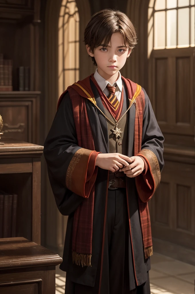 I want images of a . A 12 year old boy who has just returned to Hogwarts. He was assigned to Gryffindor house, He has brown hair and blue eyes. 
