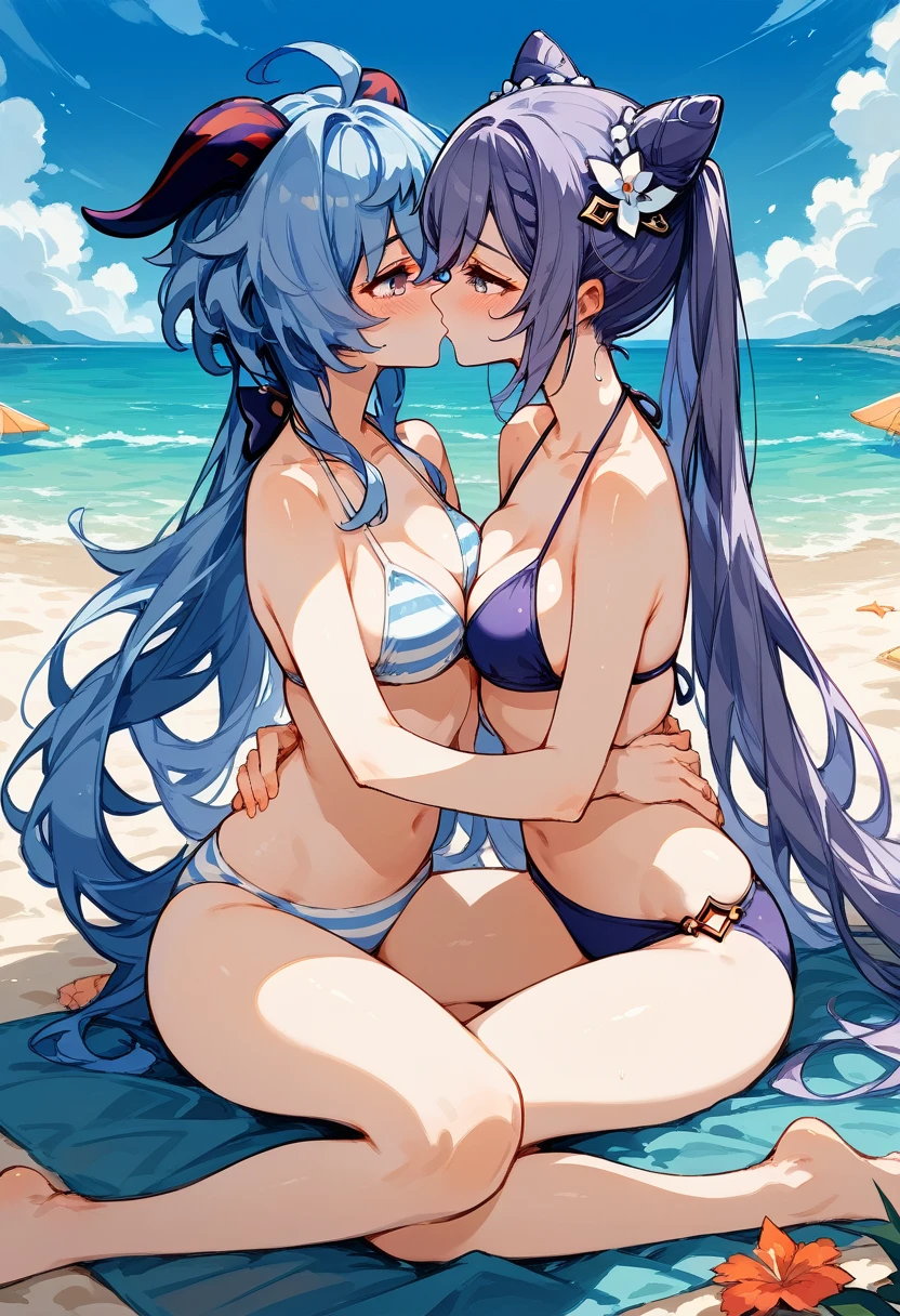 Genshin impact, 2 women, Yuri, purple hair keqing, ganyu, looking at each other, romantic kiss, blushing, bikini, beach, NSFW, ecchi 