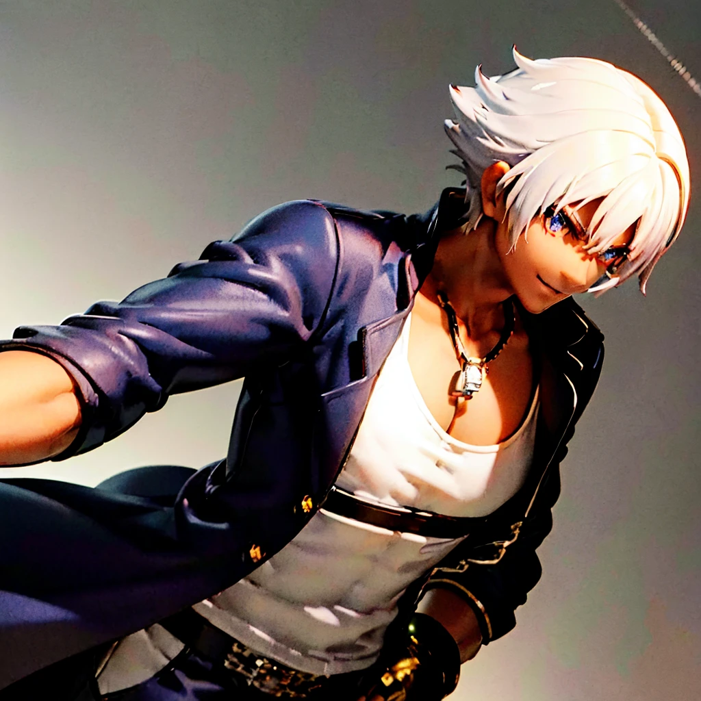 A Dark skinned young anime man, side swept silver hair, fiery light blue eyes, producing blue fire out of his fist, wearing a blue combat trench coat over a black tank top with black slacks and a chain on the hip, steel necklace with a blue dragon pendant around his neck, with sleeves rolled up to his elbows and a cocky smile