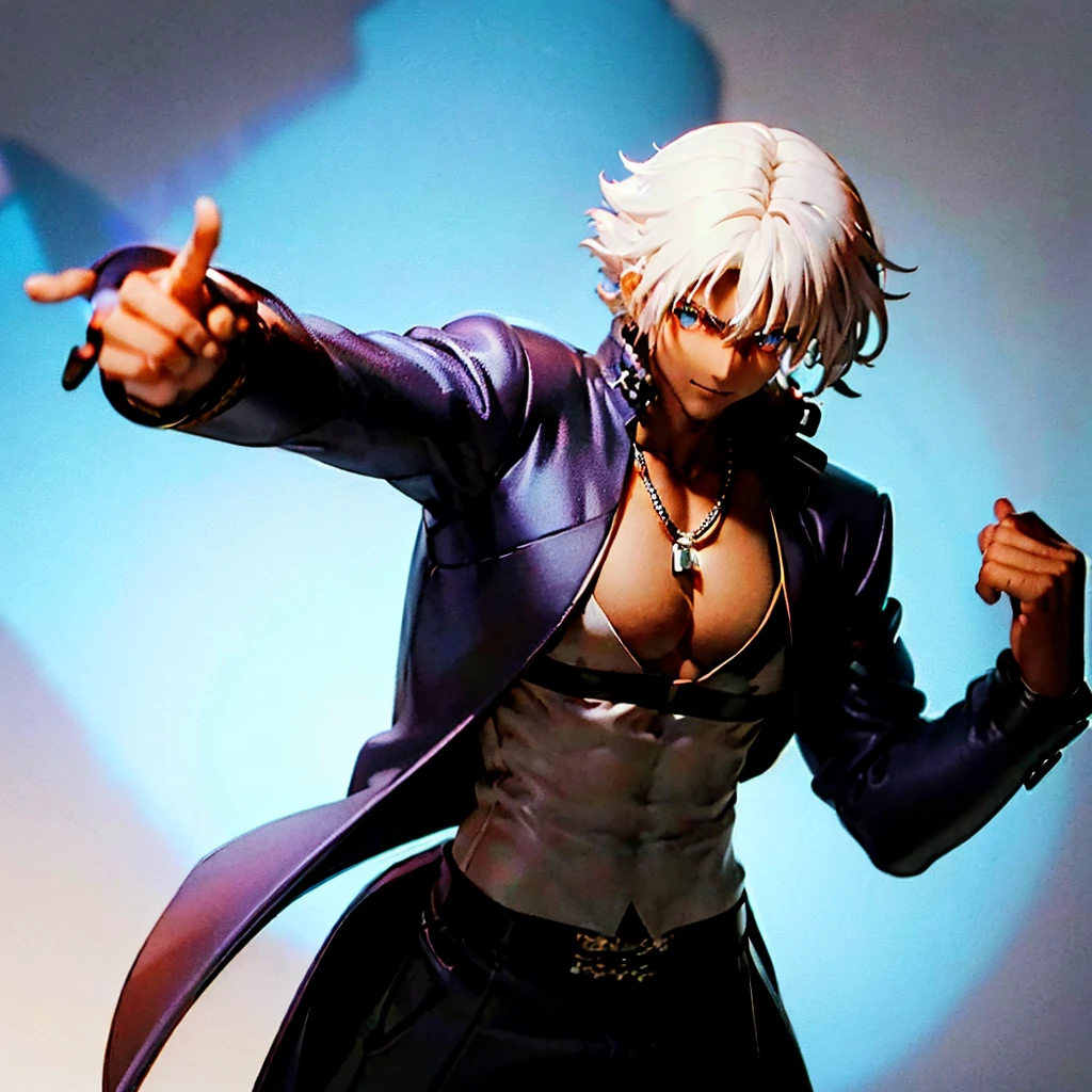 A Dark skinned young anime man, side swept silver hair, fiery light blue eyes, producing blue fire out of his fist, wearing a blue combat trench coat over a black tank top with black slacks and a chain on the hip, steel necklace with a blue dragon pendant around his neck, with sleeves rolled up to his elbows and a cocky smile