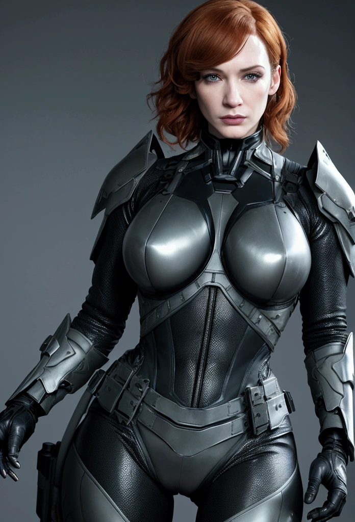 Imagine Christina Hendricks as an Metal Gear Solid character, Christina Hendricks in a stealth video game, Metal Gear Solid, Metal Gear Solid universe, designed by Yoji Shinkawa. High-quality facial research of Christina Hendricks, (Christina's sculpted cheekbones and slight wrinkles around the face), 48 years old, High-quality detailed research of Christina Hendricks voluptuous figure. Wearing Fingerless Gloves, skin-tight black leather suit, armored pieces, utility belt, metallic armlets, armored boots, high-tech futuristic goggles. Dangerous, beautiful detailed eyes, beautiful detailed lips, long eyelashes, bold and intense gaze, glamorous,confident expression, fierce and powerful stance. Full Body shot