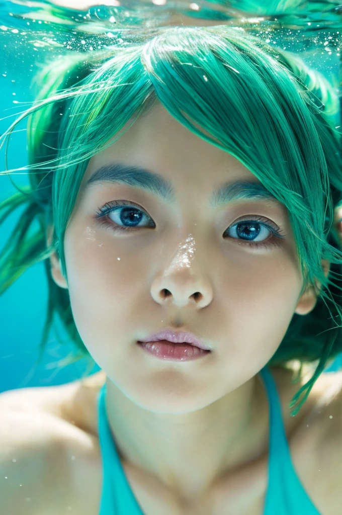 beautiful japanese lady wearing blue bikini, cute face, detailed face, green hair, swiming deep underwater