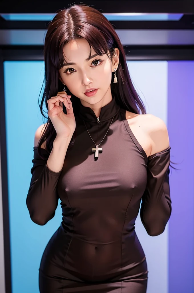 1 Female, clothing: black bodycon,Mid-breasted、 Short tight black dress, (((Brown eyes))), Purple Hair, Medium Hair, Laughter, Cross Necklace, expensive, The body is slim, (Hmph), (((misato katsuragi))), Nerve、Operation and control room, (((Front view))), View your viewers, Perfectly detailed face, Detailed hands and fingers, Masterpiece 1.1, Trending on Art Station, pixiv quality, (((Fine art:jaw))), Exquisitely crafted, Ultra Graphics, sfw version, (((Mature 1.1))), clothing: Jacker, Red jacket, Symmetrical face、