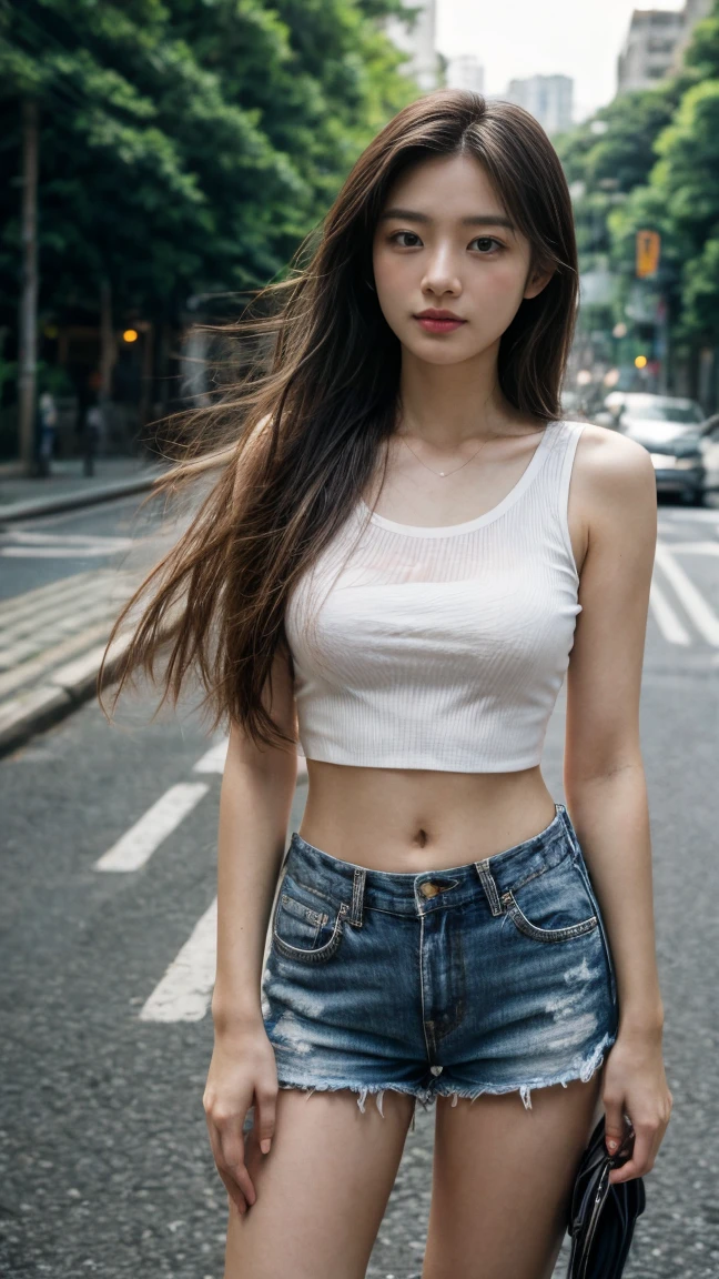 1girl, solo, long hair, looking at viewer, breast shirt, black hair, standing, outdoors, sky, shorts, day, midriff, short shorts, cameltoe, realistic, high detail, modern, cinematic lighting, motion blur, blurry, film grain, bokeh, f/16, Fujifilm, masterpiece, textured skin, super detail, 8k