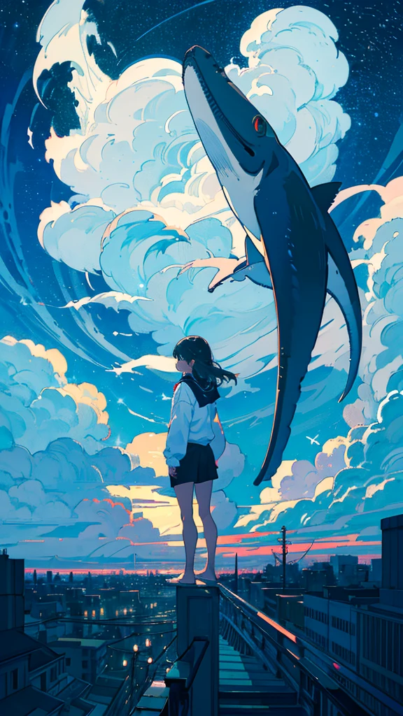masterpiece, Exquisite detail,Highest quality, One girl, alone, handrail, cloud, Looking up at the buildings,Long Hair, zero, Long sleeve, Power lines, White footwear, Black Hair, View your viewers, Electric pole, bangs, cloudy zero, fish, bird, Green Eyes, Shorts, Day, Black Shirt, barefoot,Whale flying in the sky,Giant whale,night,Star,milky way,night,Pitch black,Buildings,Sitting, High quality anime art style,Standing painting,Splash ink background,Blue Themes,Clear Face,Distinct facial features