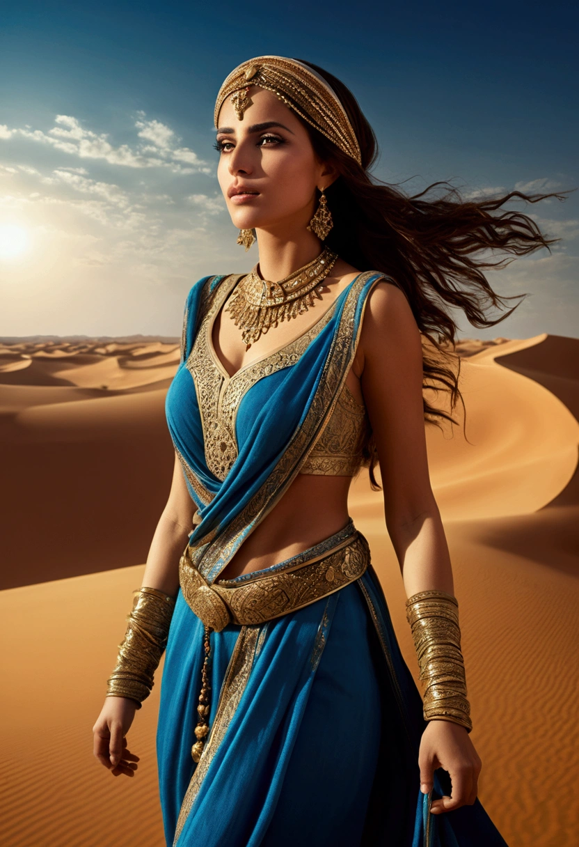 (a Desert Princess), Middle Eastern style, background is Desert and sky, full body, (Photography), panoramic view, award-winning, cinematic still, emotional, vignette, dynamic, vivid, (masterpiece, best quality, Professional, perfect composition, very aesthetic, absurdres, ultra-detailed, intricate details:1.3)