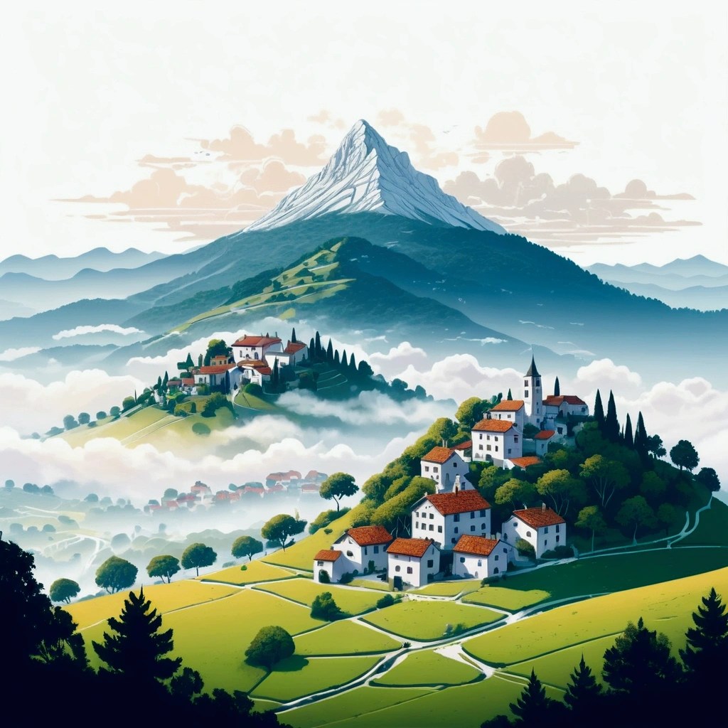 beautiful small village on the top of the hill, drone point of view, an the back is distant mountain covered with fog, morning light the scene is warm and tranquil with morning sun pass through the tree leaves, peaceful, illustration, isolated with solid white background, surrounded with negative space, centered composition, very precise line, Isolated, (((solid white background))), perspective angle of view, (masterpiece), (best quality), Leonardo style, vector art, (lora:Leonardo-illustration:1), vector art, washed out color,