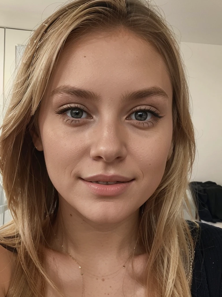 Fille blonde de 21 qui se prend en selfie pour un post insta , it has to be super realistic and detailed she has a perfect body