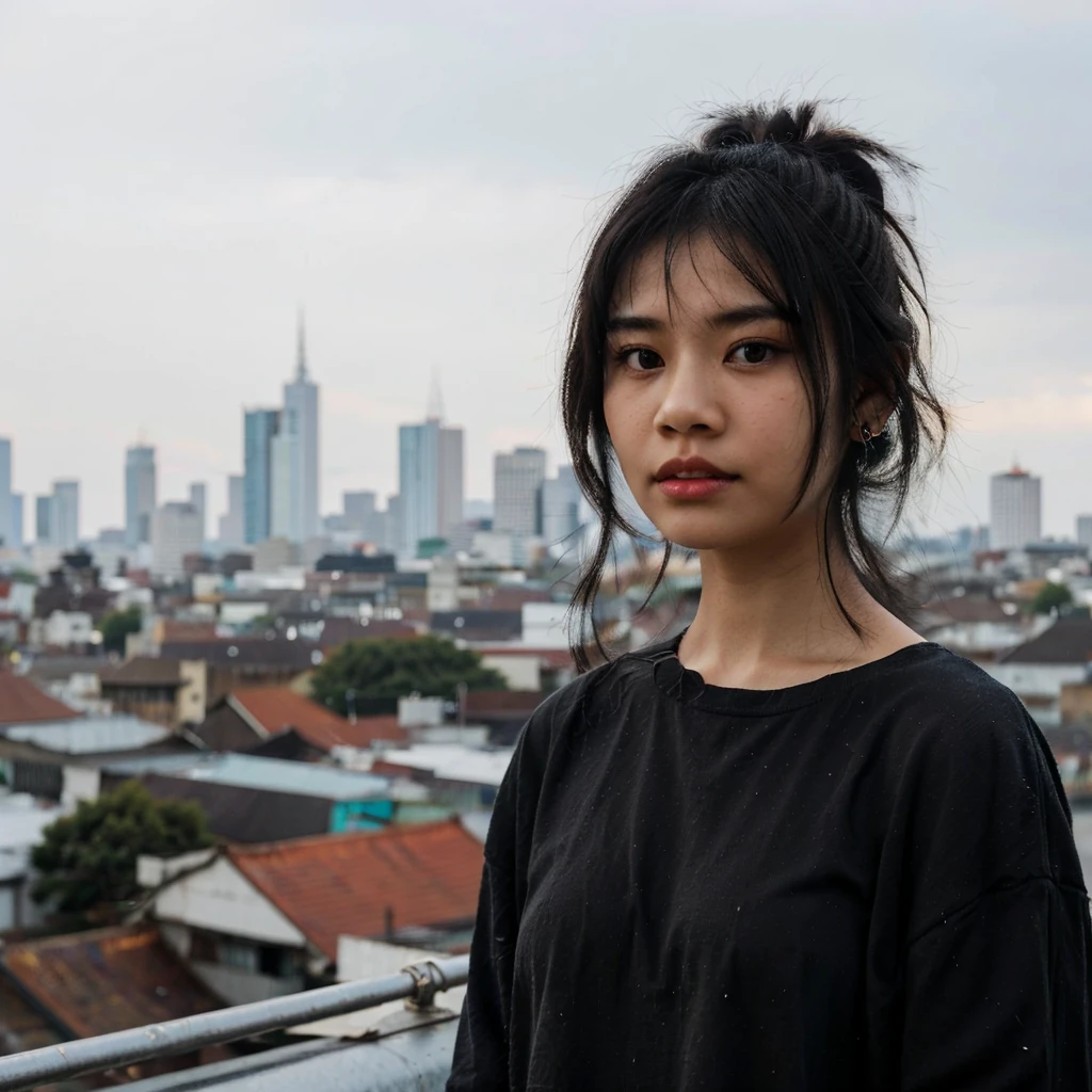 A young Indonesian woman with black hair tied in a casual, messy style stands against an urban backdrop, with the buildings and rooftops of the city in the distance. She wore a black top and small earrings, while looking thoughtfully into the distance. This view captures a modern and contemplative atmosphere.