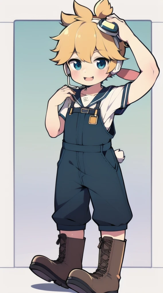 2D Shonen Shota，Coverall，Slim, healthy body，Put the headphones on your head，stand up，goggles，Rabbit ears，Happy，Sailor collar，boots，charming，Akimbo