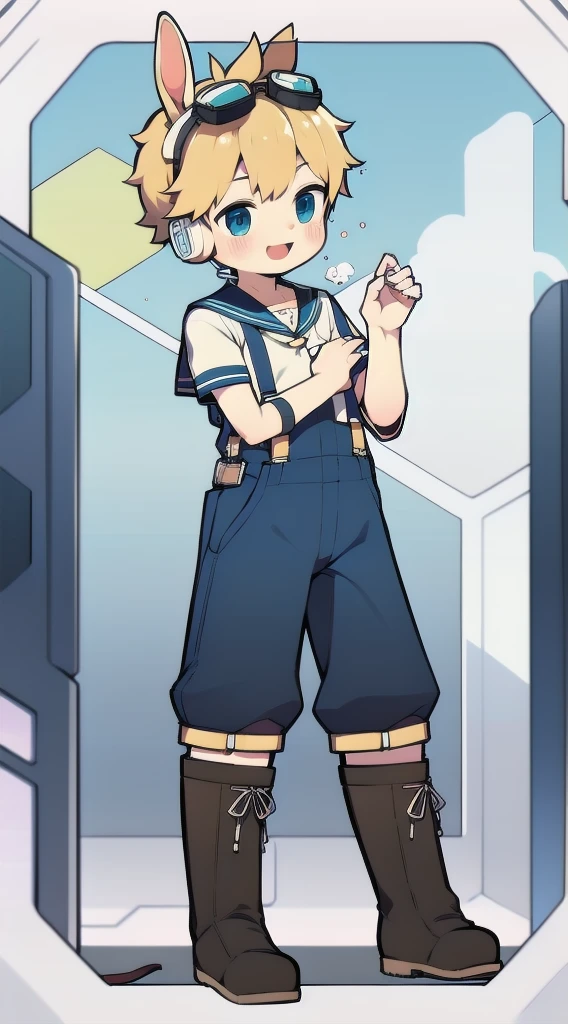 2D Shonen Shota,Coverall,Slim, healthy body,Put the headphones on your head,stand up,goggles,Rabbit ears,Happy,Sailor collar,boots,charming,Akimbo