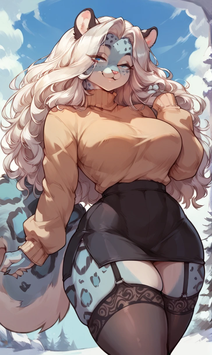 female anthro Snow leopard,Brown long fluffy hair, fluffy hair, squirrel ears, Snow leopard, big breasts, attractive, turtleneck sweater, turtleneck, thicc body, thicc, freckles, freckles on face, neutral expression, smug eyes, skirt, black skirt, garter belt tights, she is standing (thick thighs:1.5) sexy partial clothes, focus on ass, watch your back, biki big ass sexy ass sexy but invitation