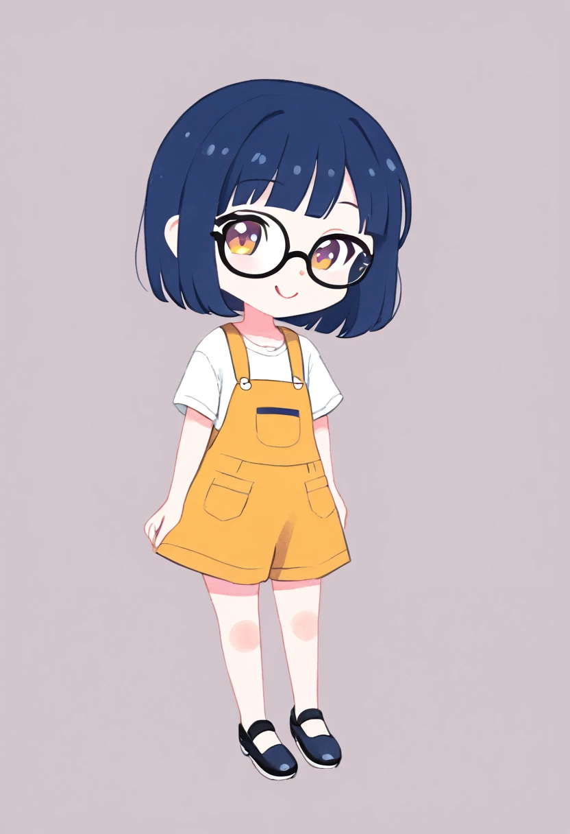 watercolor illustration. Chibi, very kawaii style of a charming Russian cartoon girl is confident. Her straight black hair frames her face, glasses, adorned with large, expressive eyes and a cheerful smile. She is dressed in a black t-shirt and yellow overalls and black shoes. adding a touch of color to the scene. She is standing looking straight ahead. The simplicity of the background puts the focus entirely on her, making her the undeniable star of this image. by David Mack and David McBride