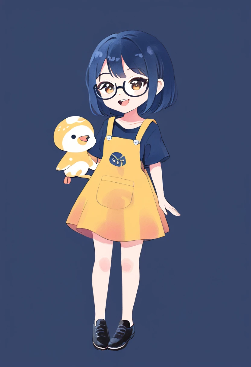 watercolor illustration. Chibi, very kawaii style of a charming Russian cartoon girl is confident. Her straight black hair frames her face, glasses, adorned with large, expressive eyes and a cheerful smile. She is dressed in a black t-shirt and yellow overalls and black shoes. adding a touch of color to the scene. She is standing looking straight ahead. The simplicity of the background puts the focus entirely on her, making her the undeniable star of this image. by David Mack and David McBride