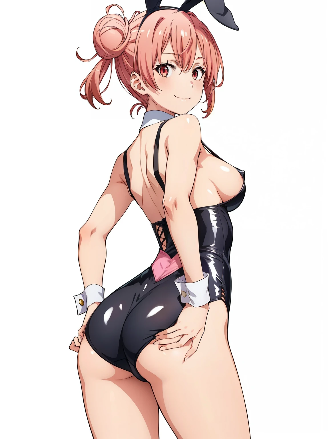 ((masutepiece, Best Quality, hight resolution, nffsw, Perfect Pixel, depth of fields, 4K, )), 1girl in, Solo, , Beautiful anime girl, Beautiful Art Style, close up, Looking at behind at Viewer, shot from behind, ass, thighs, Perfect body, Yuigahama Yui, Short hair, pink hair, hairbun, (large boob), sideboob, black playboy bunny outfit, smile, hands on hips, blank white background