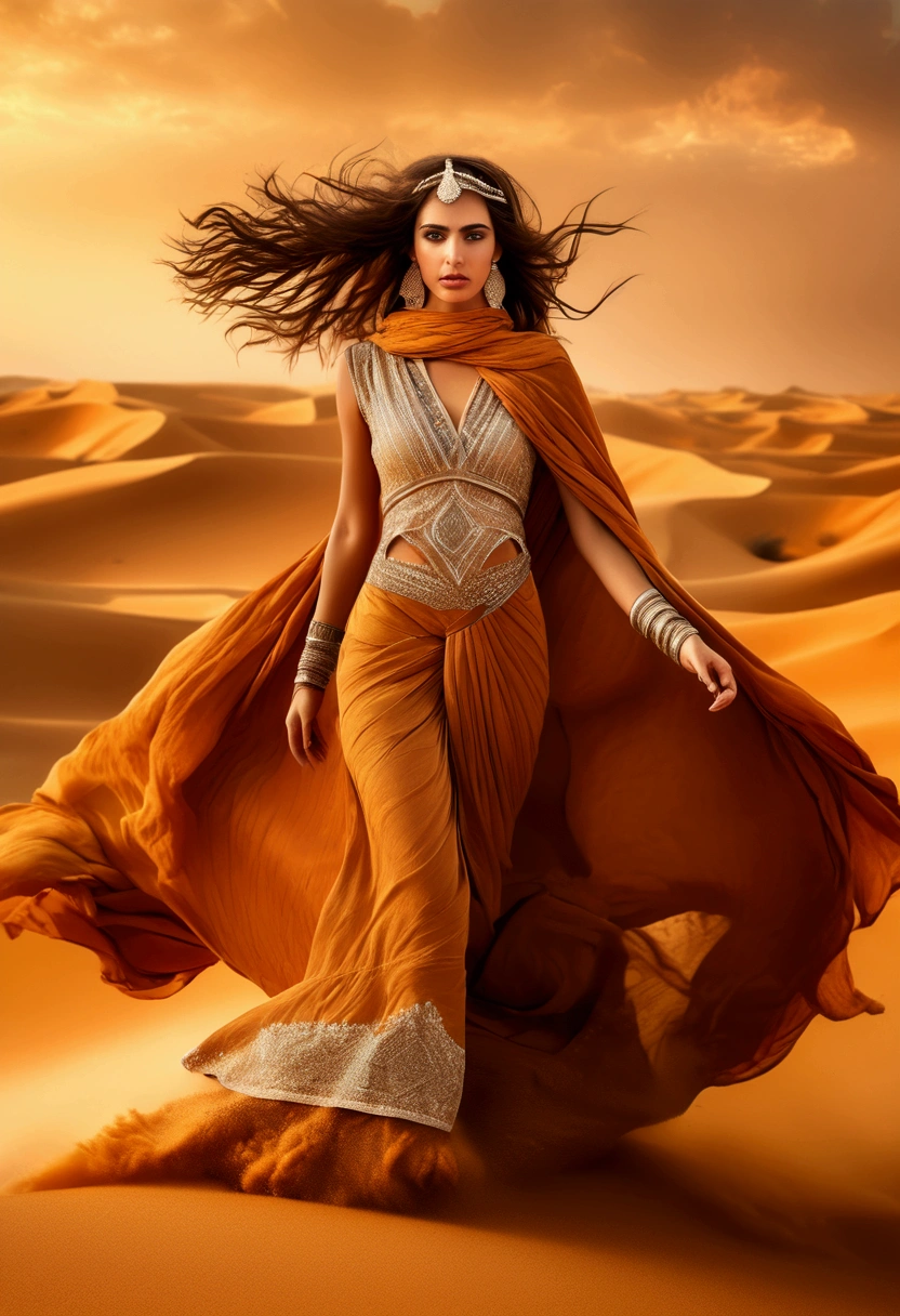 (a Desert Princess), Middle Eastern style, strong wind, full body, (Photography), panoramic view, award-winning, cinematic still, emotional, vignette, dynamic, vivid, (masterpiece, best quality, Professional, perfect composition, very aesthetic, absurdres, ultra-detailed, intricate details:1.3)