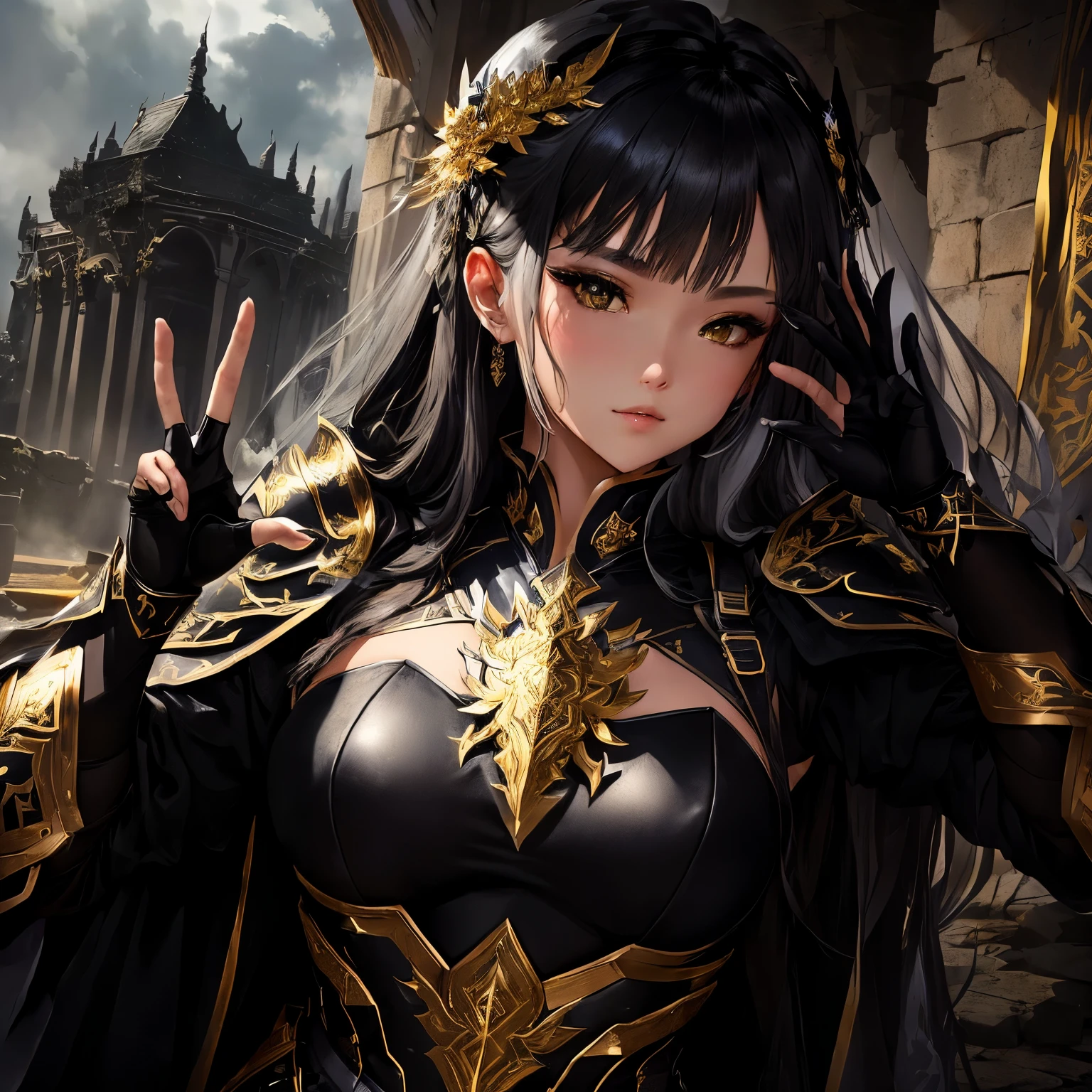 She wears black armor with gold accents.、The costume is intricately decorated.、Making a V sign with his right hand。The misty ruins in the background、The character's overall fantasy theme。Character outfits and poses、The beauty that is common in anime expressions、strength、It exudes a fusion of seduction elements.。, Enchanting anime girl, Anime Goddess, , Beautiful and attractive anime woman, Azur Lane Style, from Girls' Frontline, Top rated on pixiv, artstation pixivでトレンド, Fine details. Girls' Frontline, guweiz on pixiv artstation,
