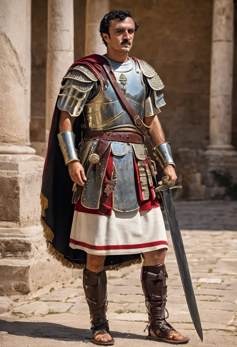 Roman Legionary, high detailed, intrincate details, roman Empire, 8k, detailed Lorica segmentata, detailed SCUTUM, detailed Gladius, detailed caligas, detailed Photo, film grai detailed skin, roman empire, documental photo, by Edgar Allan Poe