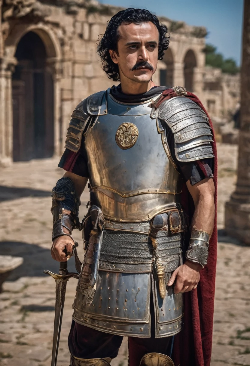Roman Legionary, high detailed, intrincate details, roman Empire, 8k, detailed Lorica segmentata, detailed SCUTUM, detailed Gladius, detailed caligas, detailed Photo, film grai detailed skin, roman empire, documental photo, by Edgar Allan Poe