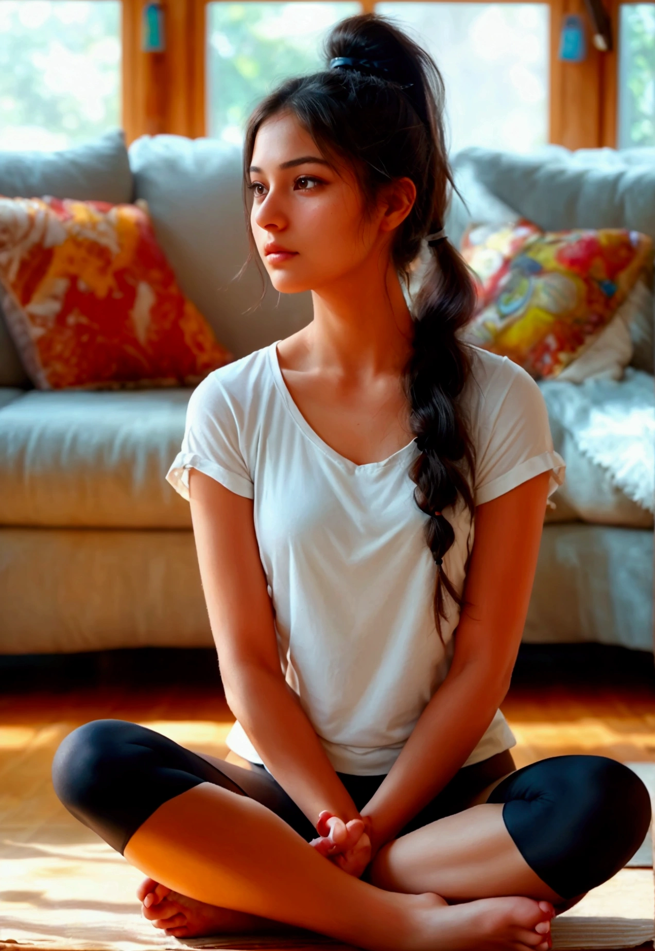 anika Create a realistic portrait of a young woman named anika. She is performing a yoga pose, sitting on a yoga mat in a spacious and serene living room. She is wearing a white t-shirt that highlights her generous breasts and she is also wearing black tights that highlight her figure. Her long, dark hair is tied up in a ponytail and she has a concentrated and calm expression.