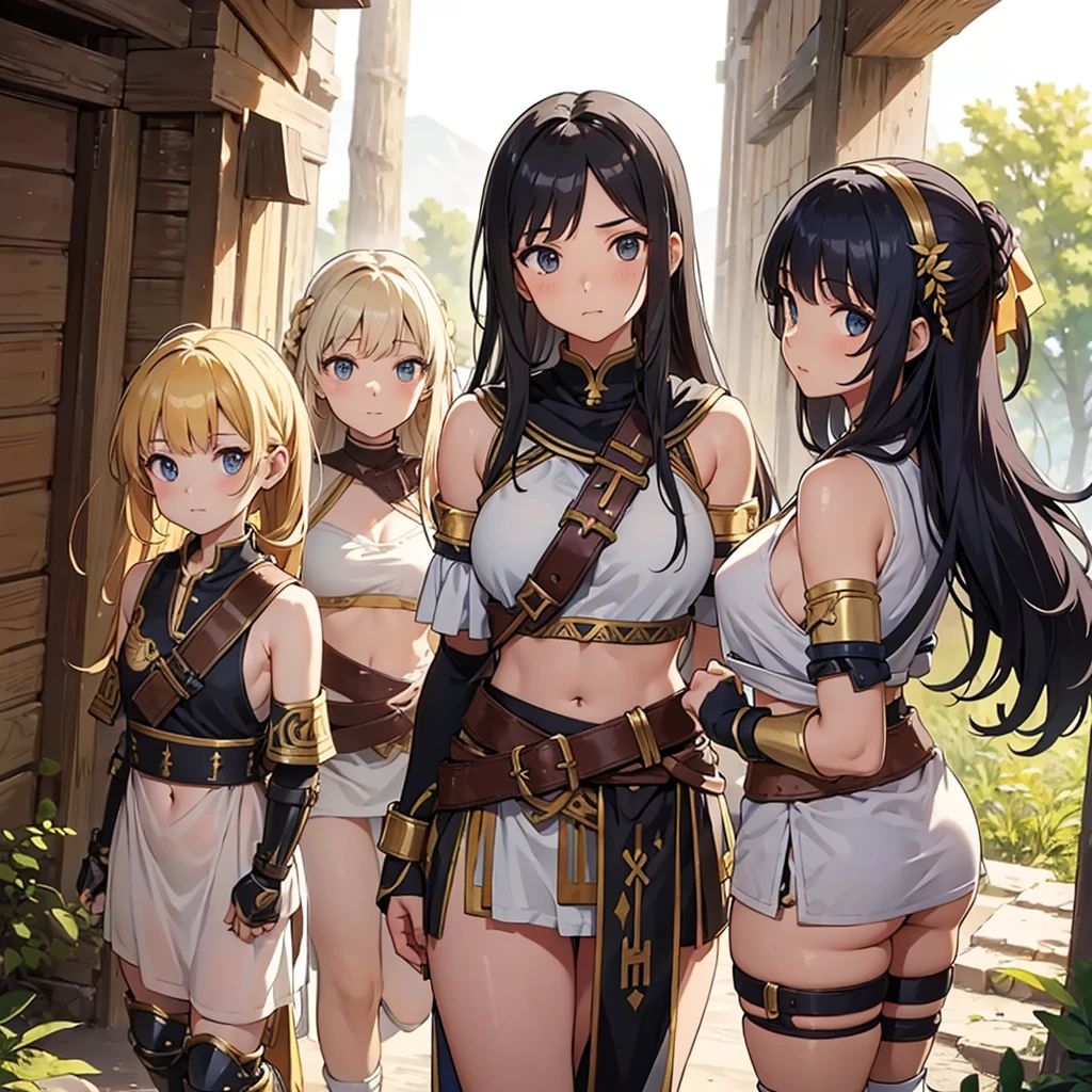 a group of greek warriors womans in togas , only girls , forest in the background , light armor , elbow pads, knee pads, shoulder pads, black armor , sandals , sexy, exposed belly, muscular girl, defined abdomen,stomach, multiple girls, looking at viewer , long hair, bare shoulders, outdoors, sandals