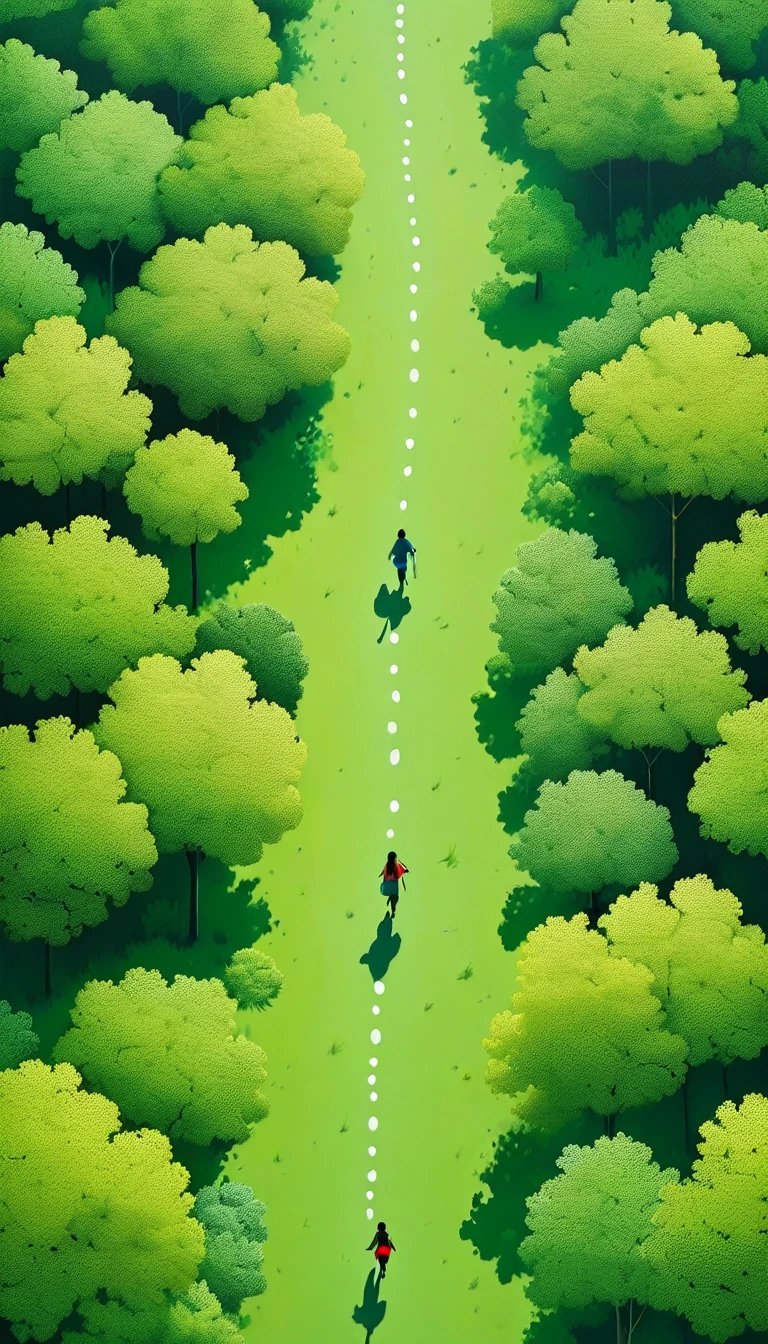 The art of dot painting：Flat Wind，Green，Top view，Aerial Photography，forest，The Trail，1 People silhouette