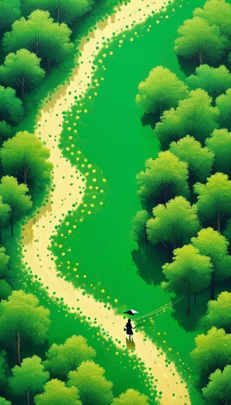 The art of dot painting:Flat Wind,Green,Top view,Aerial Photography,forest,The Trail,1 People silhouette