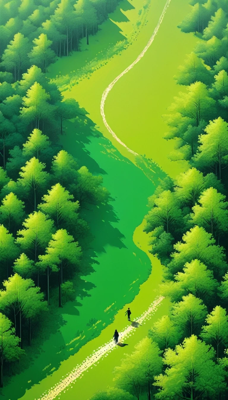 The art of dot painting:Flat Wind,Green,Top view,Aerial Photography,forest,The Trail,1 People silhouette
