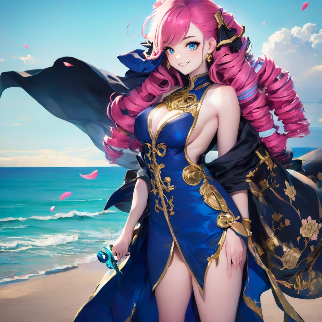 1 girl, (iridescent hair, colorful hair, half blue and half pink hair: 1.2), 17 years old, blue_sky, holding a magic wand, summer (season), petals_on_liquid, black cloak with hood, red and black torn dress, skirt: 1.2, (gold long curly hair: 1.5), sky, outdoor, clouds, bangs, smile, sky blue eyes, bare shoulders, perfect hands, Hand details, repaired fingers. Earrings, sea + background, looking_at_viewer, cowboy shot, top quality, rich detail, perfect image quality, sunrise