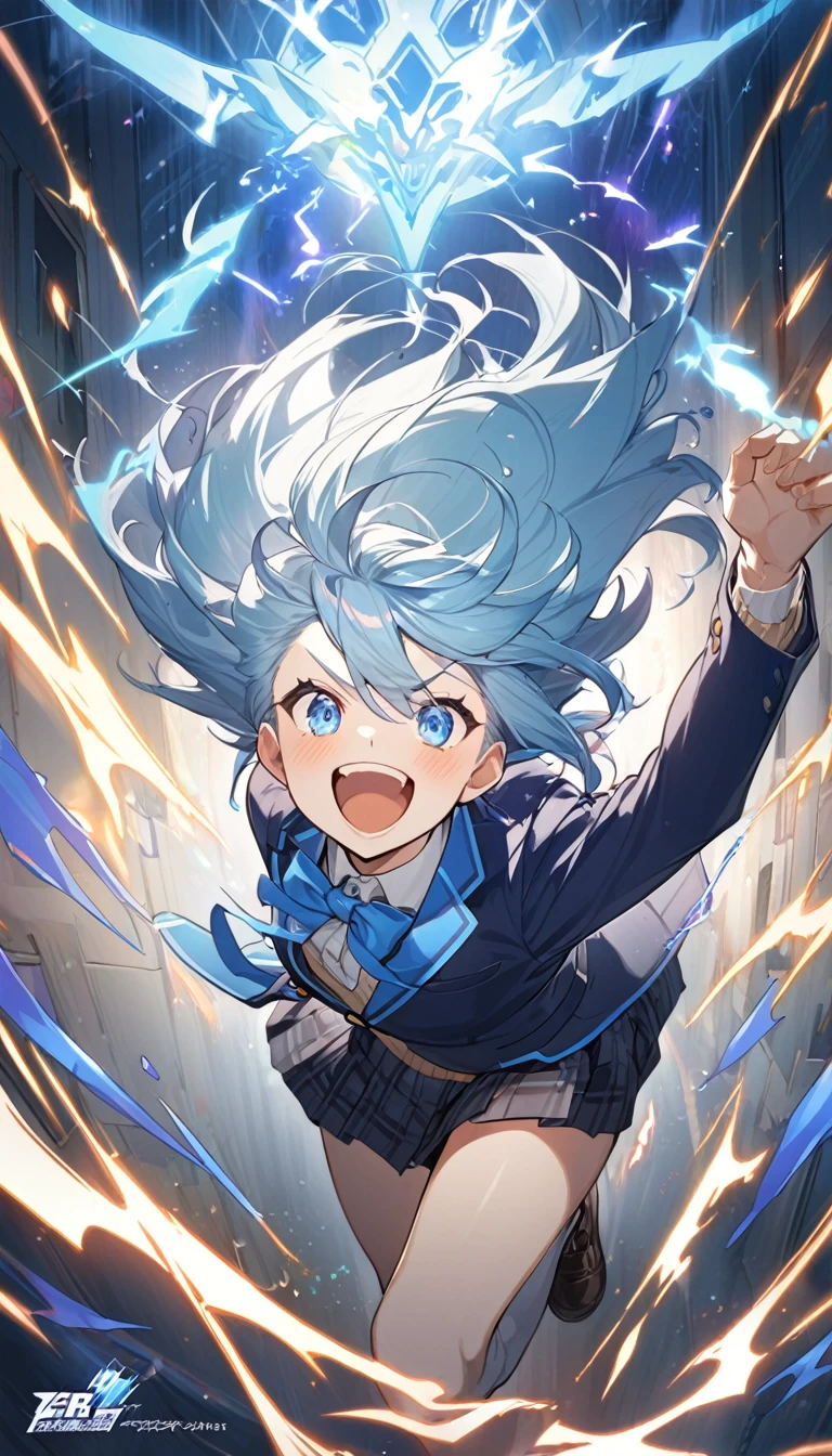 1 Guy,School,Uniform,blazer,logo,spiky light blue hair,blue eyes, joyful Laugh,blue lightning,dark aura,