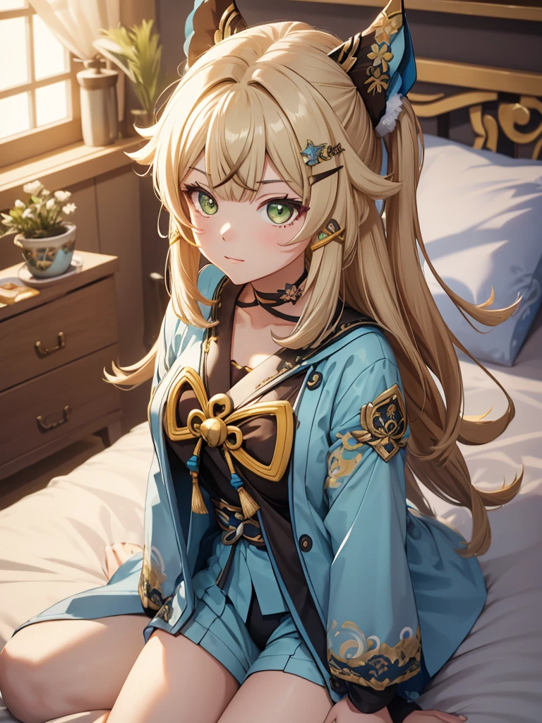 Kirara from Genshin Impact game, 1girl, weaing a Pajamas at morning bed,  kirara hair style, 8k, high detailed, high quality