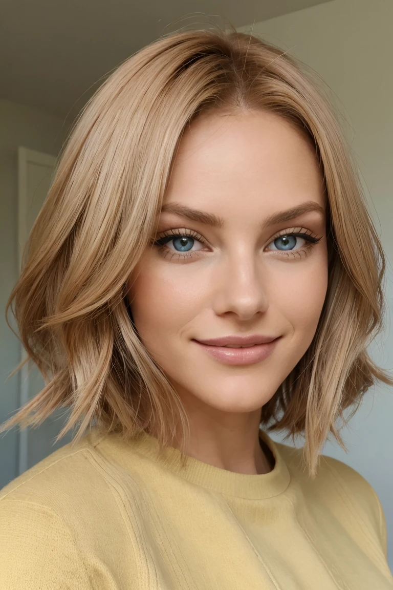 1 femme adulte, cheveux longs, cheveux bouclés, couleur de cheveux blond, peau douce, yeux bleue, sourire, végétation, Occasionnel, Vêtements de style femme d&#39;affaires, blazer marron clair, réaliste, avec fond dans un restaurant chic, 8k super réaliste, super détaillé et réaliste