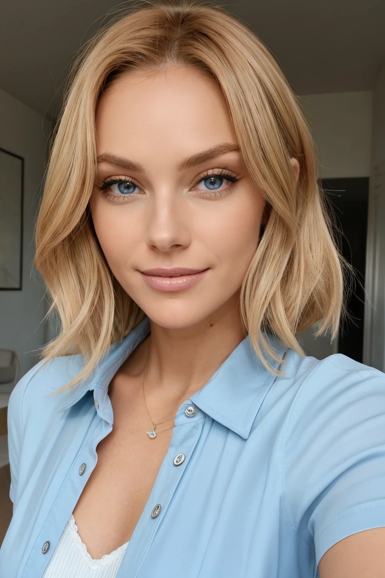 1 femme adulte, cheveux longs, cheveux bouclés, couleur de cheveux blond, peau douce, yeux bleue, sourire, végétation, Occasionnel, Vêtements de style femme d&#39;affaires, blazer marron clair, réaliste, avec fond dans un restaurant chic, 8k super réaliste, super détaillé et réaliste