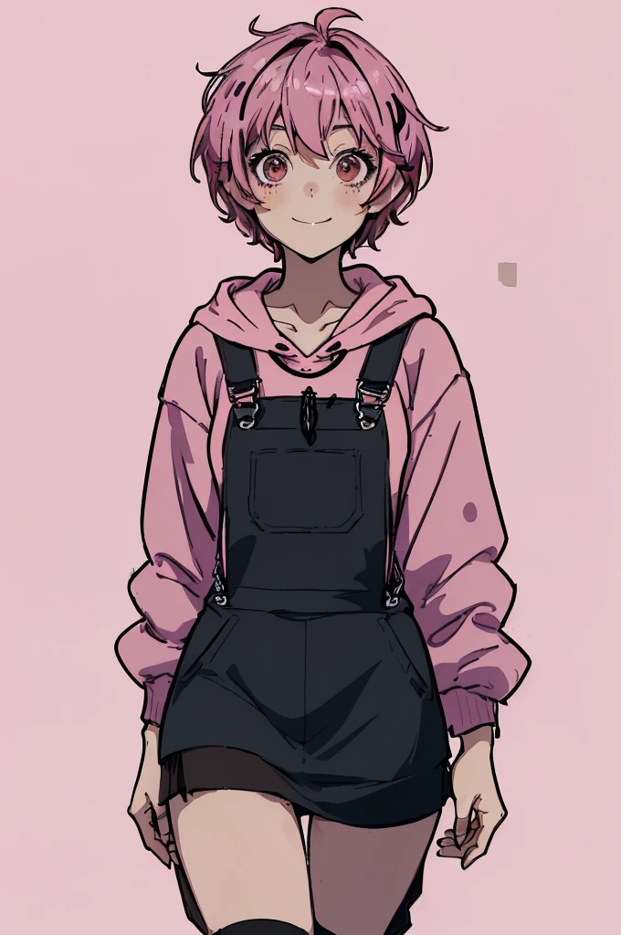 8k, original, 1girl, cute, female solo, illustration, mix, (single object), hd, absurdres, lora ((mappa studio style)), anime style, 2d, celshade style, digital art, (short hair, ((pixie cut)) hair, messy hair, pink hair), wearing ((casual (pink hoodie), ((black)) dungarees and short (skirt), with brown eyes iris)), at park, smile, stand pose