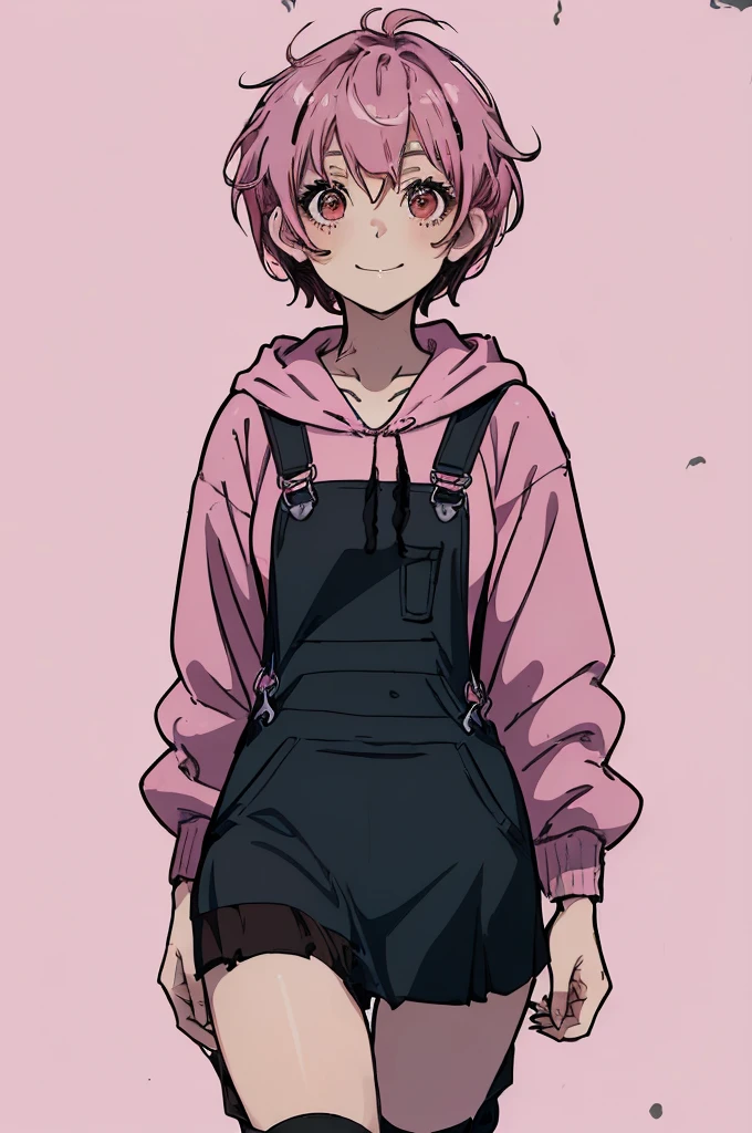8k, original, 1girl, cute, female solo, illustration, mix, (single object), hd, absurdres, lora ((mappa studio style)), anime style, 2d, celshade style, digital art, (short hair, ((pixie cut)) hair, messy hair, pink hair), wearing ((casual (pink hoodie), ((black)) dungarees and short (skirt), with brown eyes iris)), at park, smile, stand pose