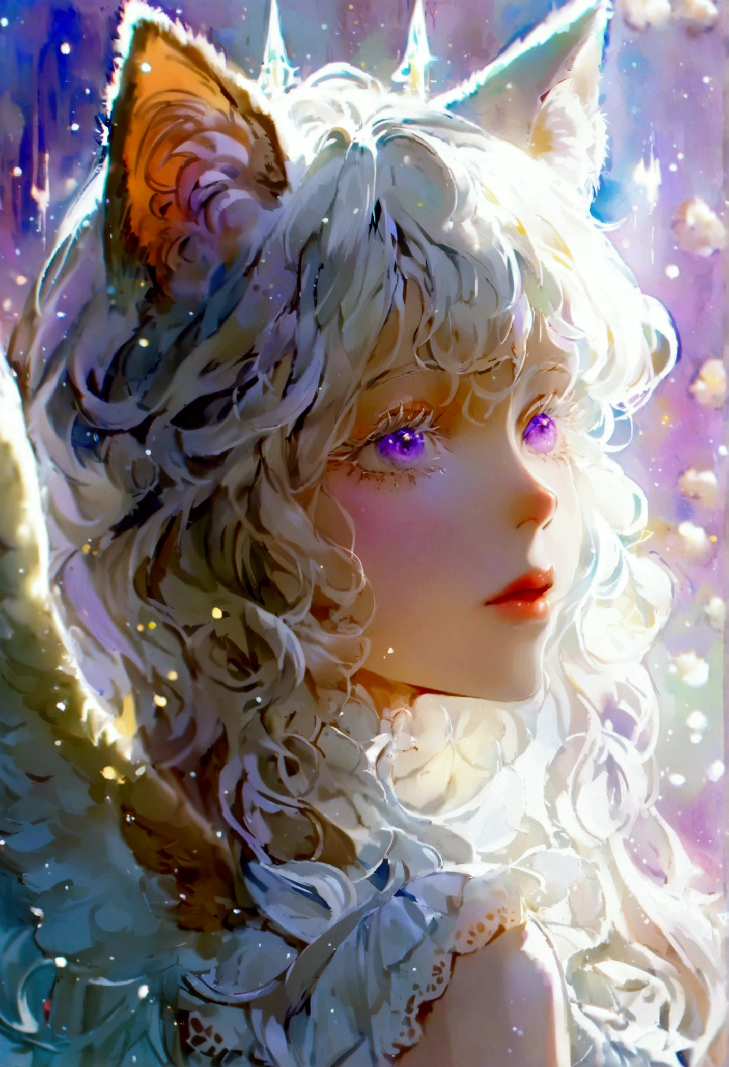 beauty,Long Wavy Hair,White hair is very attractive, Detailed and precise manual work, Attractive girl, White cat ears,Purple eyes and white eyelashes,light in your eyes,Big angel wings,delicate, A fluffy white dress like a cloud, Hand-drawn illustration,Broad background,